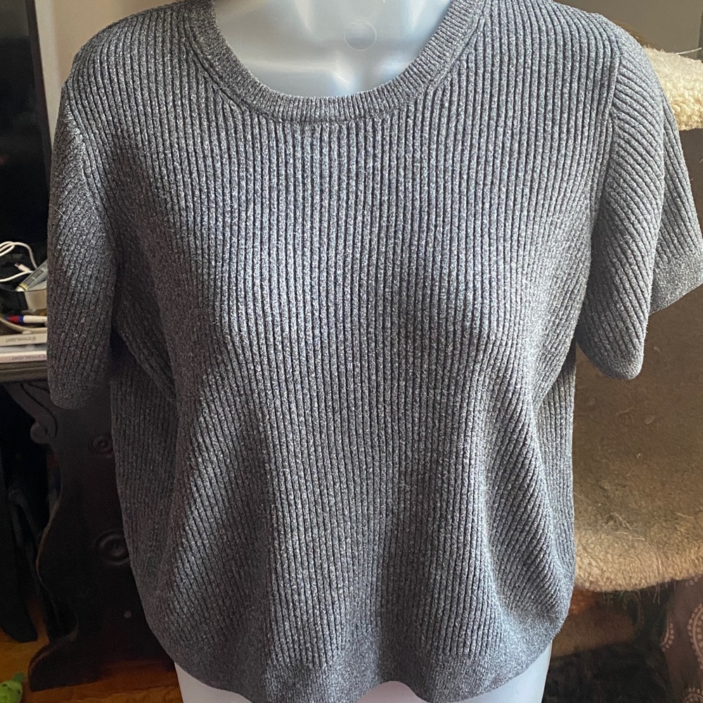 Halogen Women’s Charcoal Ribbed Short Sleeved Crewneck Sweater Tag L Fits M/S